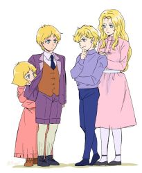 Rule 34 | 2boys, 2girls, aged down, annerose von grunewald, arm around shoulder, behind another, blonde hair, blue eyes, blue neckwear, blue pants, bob cut, brother and sister, char aznable, crossover, dress, full body, ginga eiyuu densetsu, gundam, hand on own chin, hands on another&#039;s shoulders, jacket, mobile suit gundam, mobile suit gundam the origin, multiple boys, multiple girls, necktie, pants, pantyhose, peeking out, pink dress, purple jacket, purple shorts, reinhard von lohengramm, sayla mass, shorts, siblings, simple background, stroking own chin, trait connection, twitter username, waistcoat, white background, white legwear
