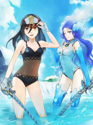 Rule 34 | 2girls, artist request, bare shoulders, black hair, black one-piece swimsuit, blue eyes, blush, breasts, brighid (water lily) (xenoblade), brighid (xenoblade), brown eyes, closed eyes, collarbone, fingerless gloves, fire, gloves, hat, highres, large breasts, long hair, looking at viewer, military, morag ladair (obligatory leave) (xenoblade), morag ladair (xenoblade), multiple girls, navel, one-piece swimsuit, one eye closed, purple hair, short hair, small breasts, smile, swimsuit, white gloves, xenoblade chronicles (series), xenoblade chronicles 2
