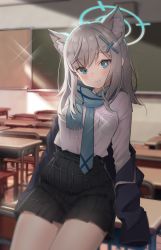 Rule 34 | 1girl, animal ear fluff, animal ears, bad id, bad pixiv id, black jacket, black skirt, blazer, blue archive, blue eyes, blue necktie, blue scarf, cat ears, chair, closed mouth, commentary request, desk, fringe trim, goyain, grey hair, hair ornament, halo, head tilt, highres, indoors, jacket, long sleeves, looking at viewer, necktie, on desk, pleated skirt, scarf, school chair, school desk, school uniform, shiroko (blue archive), shirt, skirt, sleeves past fingers, sleeves past wrists, smile, solo, white shirt