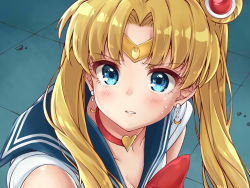 Rule 34 | 1girl, bishoujo senshi sailor moon, blonde hair, blue eyes, blue sailor collar, blush, bow, breasts, choker, circlet, cleavage, collarbone, commentary request, crescent, crescent earrings, derivative work, earrings, hair ornament, heart, heart choker, jewelry, long hair, looking at viewer, meme, mikujin (mikuzin24), parted bangs, parted lips, red choker, sailor collar, sailor moon, sailor moon redraw challenge (meme), solo, sweat, teeth, tsukino usagi, twintails, upper body