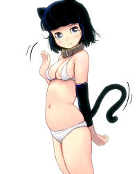 Rule 34 | 1girl, animal ears, arched back, arm warmers, bad id, bad pixiv id, belly, black hair, blue eyes, blush, bra, breasts, cat ears, cat tail, collar, cowboy shot, kouno (masao), lingerie, medium breasts, navel, original, panties, smile, solo, tail, underwear, underwear only