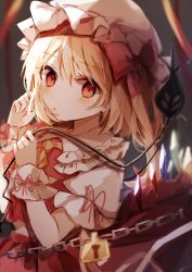 Rule 34 | 1girl, blonde hair, blurry, blurry foreground, broken, broken chain, chain, chained, cuffs, depth of field, flandre scarlet, handcuffs, hat, highres, laevatein (touhou), looking at viewer, mob cap, non porn, red eyes, shackles, shiba 0007, short sleeves, solo, touhou, wings, wrist cuffs