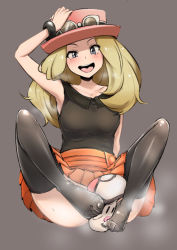 Rule 34 | 10s, 1girl, bad id, bad pixiv id, black thighhighs, blonde hair, blue eyes, blush, bracelet, breasts, censored, convenient censoring, creatures (company), eyewear on head, feet, foongus, footjob, game freak, gen 5 pokemon, goggles, grey background, hat, jewelry, long hair, medium breasts, naughty face, nintendo, no panties, no shoes, open mouth, pokemon, pokemon (creature), pokemon xy, serena (pokemon), sexually suggestive, sian, simple background, sitting, skirt, smell, smile, solo, spread legs, steam, sunglasses, thighhighs