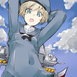 Rule 34 | 10s, 1girl, :o, arms up, bebebe (pepegakii), blonde hair, blue eyes, blue sky, cloud, day, hat, kantai collection, long sleeves, looking at viewer, machinery, neckerchief, open mouth, sailor collar, sailor hat, short hair, sky, solo, z1 leberecht maass (kancolle)