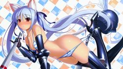 Rule 34 | 10s, 1girl, animal ears, armor, bare shoulders, bikini pull, black gloves, black thighhighs, blue hair, blush, boots, bow, bow panties, bra, breasts, cat ears, cat tail, cleavage, clothes pull, elbow gloves, embarrassed, eyecatch, front-tie top, gauntlets, gloves, greaves, groin, helmet, high heels, highres, lisa eostre, long hair, looking at viewer, mel/a, navel, non-web source, original, panties, panty pull, pinky out, pulling another&#039;s clothes, red eyes, shiny skin, side-tie panties, small breasts, solo, string panties, striped bra, striped clothes, striped panties, sweat, tail, tan, thigh boots, thighhighs, twintails, underwear, underwear only, very long hair, walkure romanze