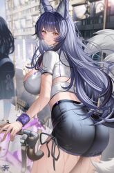 1girl 2girls absurdres alternate_costume animal_ear_fluff animal_ears ass azur_lane bicycle black_hair black_shorts blush breasts closed_mouth day fox_ears fox_girl fox_tail highres large_breasts long_hair looking_at_viewer looking_back multiple_girls musashi_(azur_lane) outdoors short_shorts short_sleeves shorts smile solo_focus sweat tail tansuan_(ensj3875) thighs wristband yellow_eyes