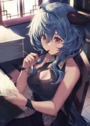 Rule 34 | 1girl, ahoge, bare shoulders, bell, black bodysuit, blue hair, blush, bodysuit, bodysuit under clothes, breasts, closed mouth, collarbone, fingernails, ganyu (genshin impact), genshin impact, goat horns, hair between eyes, hands up, holding, holding paper, holding pen, horns, indoors, large breasts, long hair, neck bell, oukawa yuu, paper, pen, ponytail, purple eyes, shadow, sitting, solo, sunlight, table, window