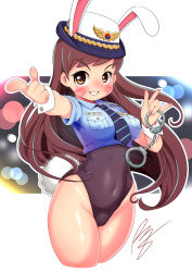 Rule 34 | 1girl, :d, animal ears, blush, breast pocket, breasts, brown eyes, brown hair, covered navel, cropped legs, cuffs, d.va (overwatch), facial mark, fake animal ears, groin, handcuffs, hat, highleg, highleg leotard, highres, hip focus, holding, leotard, long hair, m/, necktie, officer d.va, open mouth, outstretched arm, overwatch, overwatch 1, playboy bunny, pocket, police, police uniform, policewoman, rabbit ears, rabbit tail, rogeris, short hair, signature, simple background, smile, solo, striped necktie, striped neckwear, tail, thighs, uniform, whisker markings, white background