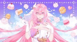 1girl absurdres bare_shoulders blue_sky breasts cake cake_slice cleavage cloud commentary_request corset elysia_(herrscher_of_human:_ego)_(honkai_impact) elysia_(honkai_impact) food fork gloves heart highres holding holding_fork honkai_(series) honkai_impact_3rd large_breasts long_hair looking_at_viewer pink_hair rirrenn sky smile solo strawberry_shortcake thai_commentary triquetra upper_body veil very_long_hair white_corset white_gloves white_veil