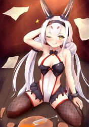 Rule 34 | absurdres, alternate costume, animal ears, arm up, azur lane, blush, breasts, commentary request, fake animal ears, headband, highres, leotard, long hair, looking at viewer, medium breasts, official alternate costume, one eye closed, paper, playboy bunny, rabbit ears, shimakaze (azur lane), shimakaze (world&#039;s speediest bunny waitress) (azur lane), silver hair, sitting, spill, takahasho, thighhighs, tongue, tongue out, tray, yellow eyes