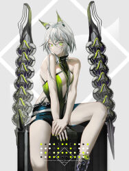 Rule 34 | animal ear fluff, animal ears, arknights, bare legs, bare shoulders, black footwear, black shorts, boots, breasts, cat ears, character name, cleavage, closed mouth, english text, feet out of frame, green eyes, green nails, grey background, grey hair, highres, kal&#039;tsit (arknights), kal&#039;tsit (remnant) (arknights), knee boots, looking at viewer, mackia, medium breasts, nail, official alternate costume, own hands together, short hair with long locks, short shorts, shorts, sitting, sleeveless, smile, two-tone background, white background