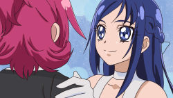 Rule 34 | 2girls, aida mana, azato (peacethunder), bad id, bad pixiv id, bare shoulders, blue eyes, blue hair, braid, couple, dancing, dokidoki! precure, eye contact, formal, from behind, gloves, half updo, hand on shoulder, hishikawa rikka, looking at another, multiple girls, official style, pant suit, pants, pink hair, precure, short hair, smile, suit, yuri