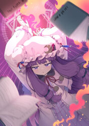 Rule 34 | 1girl, book, bow, crescent, crescent hair ornament, crescent hat ornament, dress, hair bow, hair ornament, hat, hat ornament, highres, iris anemone, long dress, long hair, mob cap, motion blur, patchouli knowledge, purple eyes, purple hair, red ribbon, ribbon, solo, touhou, very long hair