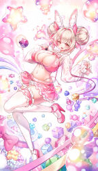 Rule 34 | 1girl, :d, animal ears, balloon, blush, breasts, bubble wand, candy wrapper, cleavage, commission, cube, double bun, frilled skirt, frills, hair bun, hair intakes, hair ornament, hairclip, hands up, high heels, highleg, highleg panties, highres, large breasts, light brown hair, long sleeves, multicolored hair, navel, open mouth, original, panties, pink footwear, pink hair, pink skirt, pinky out, plaid, plaid skirt, pleated skirt, poseich, puffy long sleeves, puffy sleeves, rabbit ears, rabbit girl, rabbit tail, red eyes, shoes, shrug (clothing), skindentation, skirt, sleeves past wrists, smile, solo, star (symbol), streaked hair, tail, teeth, thighhighs, underwear, upper teeth only, white panties, white thighhighs