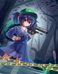 Rule 34 | 1girl, bad id, bad pixiv id, blue eyes, blue hair, cattail, caution tape, dress, forest, gun, hair bobbles, hair ornament, hat, kawashiro nitori, keep out, long sleeves, looking at viewer, matching hair/eyes, nature, plant, rukuluc, shirt, short hair, short twintails, skirt, skirt set, solo, touhou, tree, twintails, two side up, water, weapon