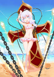 Rule 34 | 1girl, :d, absurdres, barefoot, beach, bikini, blue hair, chain, cross (weapon), frilled bikini, frills, full body, highres, holding, holding chain, honkai (series), honkai impact 3rd, long hair, looking at viewer, navel, open mouth, pink bikini, sand, side ponytail, smile, solo, standing, swimsuit, theresa apocalypse, toes, water, waves, white hair, xiao shi lullaby