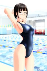 Rule 34 | 1girl, absurdres, armpits, arms behind head, bench, black hair, black one-piece swimsuit, blunt bangs, brown eyes, commentary request, competition swimsuit, cowboy shot, glasses, highres, huge filesize, indoors, lane line, looking at viewer, one-piece swimsuit, original, pool, short hair, solo, standing, swimsuit, takafumi