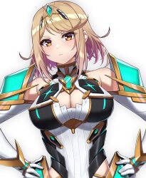 Rule 34 | 1girl, alternate hair length, alternate hairstyle, armor, black gloves, blonde hair, breasts, chest jewel, cleavage, cleavage cutout, closed mouth, clothing cutout, dangle earrings, dress, earrings, elbow gloves, gloves, hands on own hips, highres, jewelry, large breasts, light frown, looking at viewer, mythra (xenoblade), shinae, short dress, short hair, simple background, solo, swept bangs, tiara, two-tone gloves, white dress, white gloves, xenoblade chronicles (series), xenoblade chronicles 2, yellow eyes