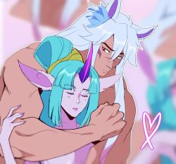 Rule 34 | 1boy, 1girl, animal ears, blurry, blurry background, closed eyes, closed mouth, colored skin, completely nude, green hair, hair rings, heart, hetero, highres, horns, hug, hug from behind, league of legends, long hair, nail polish, nude, odeko yma, parted hair, pink nails, pink skin, pointy ears, red eyes, sett (league of legends), single horn, soraka (league of legends), spirit blossom sett, spirit blossom soraka