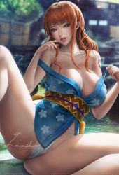Rule 34 | 1girl, artist name, bathhouse, breasts, brown eyes, cleavage, clothes pull, come hither, finger to mouth, fundoshi, japanese clothes, lexaiduer, lips, looking at viewer, nami (one piece), naughty face, one piece, onsen, orange hair, panties, pantyshot, parted lips, seductive smile, shirt pull, smile, spread legs, tagme, tattoo, underwear, undressing
