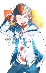 Rule 34 | 1boy, beard, commentary request, cowboy shot, danganronpa: trigger happy havoc, danganronpa (series), dated, facial hair, half-closed eye, hand in pocket, hand up, happy birthday, jacket, jewelry, kiri (2htkz), kuwata leon, male focus, necklace, open clothes, open jacket, open mouth, pants, red eyes, red hair, red shirt, ring, salute, shirt, short hair, smile, solo, teeth, tongue, tongue out, upper teeth only, white background, white shirt