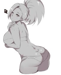 Rule 34 | 10s, 1girl, ?, ass, bad id, bad twitter id, bikini, boku no hero academia, breasts, butt crack, cropped legs, dimples of venus, from behind, highres, huge breasts, long hair, looking back, moisture (chichi), monochrome, pink eyes, ponytail, sideboob, simple background, solo, spoken question mark, spot color, swimsuit, white background, yaoyorozu momo