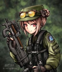 Rule 34 | 1girl, ammunition, artist name, brown hair, bullet, bullpup, commission, emblem, eyewear on headwear, fn 5.7x28mm, girls&#039; frontline, gun, hat, holster, horizontal magazine, laser, laser pointer projection, military, military hat, military uniform, p90, p90 (girls&#039; frontline), pdw cartridge, personal defense weapon, red eyes, see-through, solo, stargate sg-1, submachine gun, sunglasses, sunglasses on head, tactical clothes, translucent, uniform, vest, weapon, weapon connection, zap-nik
