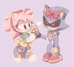Rule 34 | 1boy, 1girl, amy rose, animal ears, animal nose, armor, black eyes, black sclera, blue armor, blue footwear, blush, bow, buttons, closed mouth, coat, colored sclera, commentary, english commentary, eyelashes, fake animal ears, fake claws, flower, footwear bow, full body, furry, furry female, gloves, green coat, hand up, hands up, head scarf, heart, hedgehog ears, hedgehog tail, hetero, holding, holding flower, leaf, long sleeves, metal sonic, miniskirt, pink fur, pink headwear, pink scarf, pointy nose, purple background, red eyes, red footwear, robot, scarf, shoes, simple background, skirt, smile, sneakers, sonic (series), sonic the hedgehog (classic), standing, stardust-dreamii, tail, two-tone footwear, white footwear, white gloves, yellow bow, yellow flower, yellow skirt