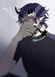 Rule 34 | 1boy, ark1478, arknights, bishounen, black nails, black shirt, blue hair, cigarette, dark blue hair, demon boy, demon horns, flamebringer (arknights), highres, holding, holding cigarette, horns, infection monitor (arknights), looking to the side, low ponytail, male focus, material growth, orange eyes, oripathy lesion (arknights), pointy ears, shirt, short hair, short ponytail, short sleeves, simple background, smoke, t-shirt