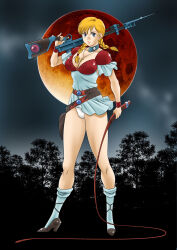 1girl aki_(pixiv_87336387) armor blonde_hair blue_eyes braid breasts closed_mouth collarbone cross cross_necklace doris_lang eyelashes full_body gun high_heels highres holding holding_gun holding_weapon holding_whip jewelry moon necklace over_shoulder panties red_armor red_moon rifle solo thighs tunic twin_braids underwear vampire_hunter_d weapon weapon_over_shoulder white_footwear white_panties white_tunic