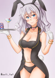 Rule 34 | 1girl, alternate costume, animal ears, anti (untea9), bikini, black bikini, black vest, blue eyes, breasts, cleavage, commentary request, cowboy shot, cup, drinking glass, fake animal ears, gloves, gradient background, heart lock (kantai collection), highres, kantai collection, kashima (kancolle), large breasts, leotard, navel, nontraditional playboy bunny, playboy bunny, poker chip, purple background, rabbit ears, rabbit pose, rabbit tail, sidelocks, silver hair, solo, standing, swimsuit, tray, twintails, twitter username, vest, wavy hair, white gloves, wine glass