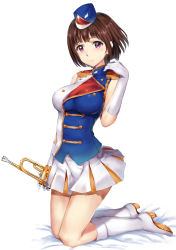 Rule 34 | 10s, 1girl, band uniform, bare shoulders, bed sheet, blue hat, blush, boots, brown hair, closed mouth, elbow gloves, epaulettes, full body, gloves, hand on own shoulder, hat, hibike! euphonium, high heel boots, high heels, highres, holding, instrument, kamishiro ryuu, knee boots, kneeling, legs together, looking at viewer, miniskirt, mole, mole under eye, nakaseko kaori, pleated skirt, purple eyes, shako cap, short hair, simple background, skirt, sleeveless, smile, solo, thighs, trumpet, uniform, white background, white footwear, white gloves, white skirt