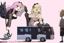 Rule 34 | 2girls, absurdres, bags under eyes, blonde hair, blood, blue eyes, blush, breasts, bus, capelet, cleavage, detective, dugnul, floating, hair ornament, hat, highres, holding, hololive, hololive english, long hair, long sleeves, mori calliope, motor vehicle, multiple girls, necktie, open mouth, pink hair, red eyes, red neckwear, ribbon, shirt, short hair, smile, steering wheel, teeth, tiara, virtual youtuber, watson amelia, white shirt