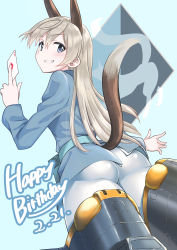 Rule 34 | 1girl, a9b (louis814), absurdres, ace (playing card), ace of diamonds, animal ears, ass, between fingers, blonde hair, blue eyes, card, card between fingers, dated, diamond (shape), eila ilmatar juutilainen, fox ears, fox tail, happy birthday, highres, long hair, long sleeves, looking at viewer, looking back, military, military uniform, pantyhose, playing card, solo, strike witches, striker unit, tail, uniform, white pantyhose, world witches series