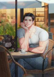 Rule 34 | 1boy, black eyes, black hair, cafe, cappuccino, coffee, denim, hand on own cheek, hand on own face, highres, jeans, looking at viewer, male focus, muscular, muscular male, original, pants, pet, plant, salad, shirt, smile, ssong-ga, umbrella, white shirt