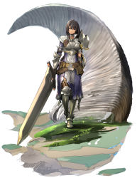 Rule 34 | 1girl, alexia (world end eclipse), armor, asymmetrical armor, belt, blue eyes, breastplate, brown hair, couter, enami katsumi, gloves, greatsword, greaves, horns, huge weapon, long hair, pauldrons, sabaton, shield, shoulder armor, single horn, solo, sword, two-handed sword, vambraces, walking, weapon, world end eclipse