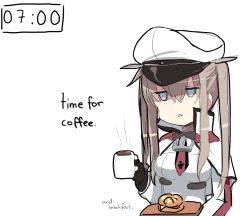 Rule 34 | 10s, 1girl, black gloves, blue eyes, bow, bowtie, brown hair, capelet, cheese, coffee, coffee mug, cup, english text, food, gloves, graf zeppelin (kancolle), hat, holding, holding cup, holding tray, jitome, kantai collection, melonenbrot, military, military uniform, mug, naval uniform, peaked cap, sandwich, sidelocks, simple background, solo, steam, timestamp, tray, twintails, uniform, white background