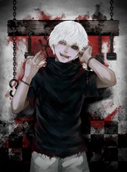 Rule 34 | 10s, 1boy, bad id, bad pixiv id, blood, bug, centipede, chain, checkered background, cuffs, evil smile, handcuffs, heterochromia, highres, kaneki ken, looking at viewer, mismatched sclera, red eyes, short hair, smile, tokyo ghoul, torn clothes, turtleneck, white hair, xino