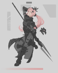 Rule 34 | 1girl, absurdres, black gloves, commentary, english commentary, floating hair, gloves, grey background, hair behind ear, head tilt, heart, highres, lancer rpg, long hair, looking to the side, original, pink eyes, robot, science fiction, smile, solo, standing, standing on one leg, zhjake