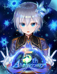 Rule 34 | 10s, 1girl, anastasia (idolmaster), anniversary, blue eyes, earrings, gloves, hair ornament, highres, idolmaster, idolmaster cinderella girls, idolmaster cinderella girls starlight stage, jewelry, looking at viewer, shirona002, short hair, silver hair, snowflakes, solo, white gloves