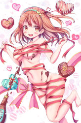 Rule 34 | 1girl, :d, absurdres, bad id, bad pixiv id, barefoot, blush, bottle, box, breasts, brown eyes, brown hair, candy, chocolate, chocolate heart, chocolate on body, chocolate on breasts, chocolate syrup, commentary request, covered erect nipples, food, food on body, hair ribbon, hairband, heart, heart-shaped box, highres, large breasts, long hair, looking at viewer, naked ribbon, navel, one side up, open mouth, original, pink ribbon, red ribbon, ribbon, smile, solo, standing, standing on one leg, tenzeru, valentine