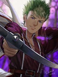 Rule 34 | 1boy, artist name, belt, blue eyes, bow (weapon), collar, collared jacket, commentary request, eiyuu densetsu, green hair, holding, holding bow (weapon), holding clothes, holding jacket, holding weapon, jacket, kevin graham, looking at viewer, male focus, parted lips, pointing weapon, purple background, purple jacket, sawaponu3, short hair, solo, sora no kiseki, stained glass, teeth, weapon, white jacket