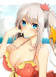Rule 34 | 1girl, alternate breast size, bikini, blue eyes, blush, breasts, cleavage, crab, fate/grand order, fate (series), frilled bikini, frills, kujiran, large breasts, long hair, looking at viewer, marie antoinette (fate), marie antoinette (fate/grand order), marie antoinette (swimsuit caster) (fate), marie antoinette (swimsuit caster) (first ascension) (fate), red bikini, silver hair, smile, solo, swimsuit, twintails