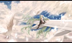 Rule 34 | 1girl, absurdly long hair, aircraft, airplane, bird, cloud, detached sleeves, floating hair, green eyes, green hair, hatsune miku, hews, letterboxed, long hair, matching hair/eyes, necktie, sitting, skirt, sky, solo, thighhighs, twintails, very long hair, vocaloid