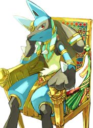 absurdres ancient_egyptian arm_up bishamon_(usagi_ba) bracelet chair chest_spike closed_mouth creatures_(company) feet_out_of_frame frown game_freak gen_2_pokemon gen_4_pokemon gold head_rest highres jewelry looking_to_the_side lucario lucario_(ruins) nintendo no_humans on_chair persian_(pokemon) pokemon pokemon_(creature) pokemon_unite red_eyes sideways_glance simple_background sitting spikes tiara white_background xatu