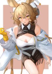 Rule 34 | 1girl, absurdres, animal ears, arknights, bare shoulders, black skirt, blonde hair, breasts, cleavage, commentary, cowboy shot, dorothy (arknights), highres, large breasts, long hair, looking at viewer, miniskirt, off shoulder, open mouth, skirt, solo, sora mame (princess 0sora), standing, thighs, white headwear, yellow eyes