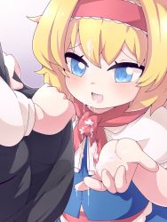 Rule 34 | 1futa, 1girl, alice margatroid, blonde hair, blue dress, blue eyes, blush, capelet, clothes lift, commentary request, cookie (touhou), cum, dress, facial, frilled hairband, frills, futa with female, futanari, grey skirt, hairband, heart, heart-shaped pupils, ichigo (cookie), lifted by self, nazrin, nyon (cookie), open mouth, red hairband, red scarf, scarf, short hair, skirt, skirt lift, smile, solo focus, symbol-shaped pupils, touhou, upper body, white capelet, yuuutsu shan