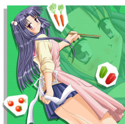 Rule 34 | 00s, apron, carrot, chopsticks, clannad, cooking, hair bobbles, hair ornament, hiiragi tomoka, ichinose kotomi, school uniform, solo, tomato, twintails, two side up