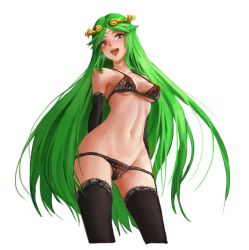 Rule 34 | 1girl, athenawyrm, black bra, black panties, blush, bra, breasts, cleavage, elbow gloves, forehead jewel, gloves, green eyes, green hair, hip focus, kid icarus, kid icarus uprising, lace, lace-trimmed bra, lace-trimmed panties, lace trim, long hair, looking at viewer, matching hair/eyes, medium breasts, naughty face, navel, nintendo, open mouth, palutena, panties, smile, solo, thighhighs, tiara, tongue, tongue out, underwear, very long hair
