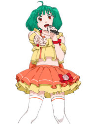Rule 34 | 1girl, ahoge, feet out of frame, frilled shirt, frills, green hair, highres, idol clothes, index finger raised, layered skirt, macross, macross frontier, microphone, music, ojipon, orange skirt, ranka lee, red eyes, red ribbon, ribbon, shirt, short hair, simple background, singing, skirt, solo, thighhighs, white background, white thighhighs, wrist ribbon, yellow shirt